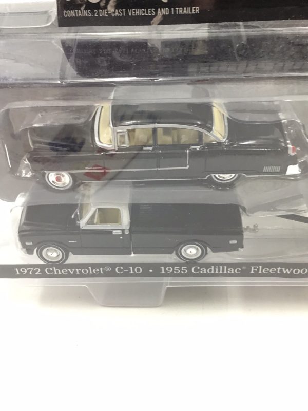 Greenlight Hollywood series Hitch and Tow The Godfather 1972 Chevrolet C10 + 1953 Cadillac Fleetwood Series 60 + Enclosed Trailer 181H Hot on Sale