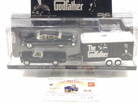 Greenlight Hollywood series Hitch and Tow The Godfather 1972 Chevrolet C10 + 1953 Cadillac Fleetwood Series 60 + Enclosed Trailer 181H Hot on Sale