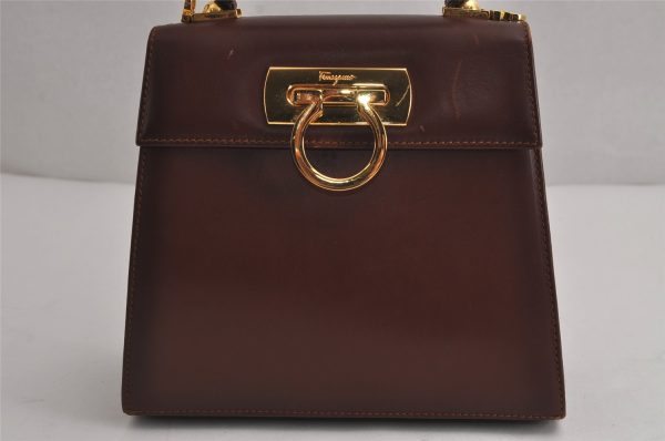 Authentic Salvatore Ferragamo Gancini Leather 2Way Shoulder Hand Bag Brown 7602J Discount