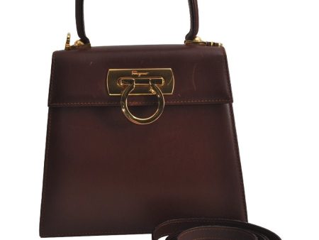 Authentic Salvatore Ferragamo Gancini Leather 2Way Shoulder Hand Bag Brown 7602J Discount