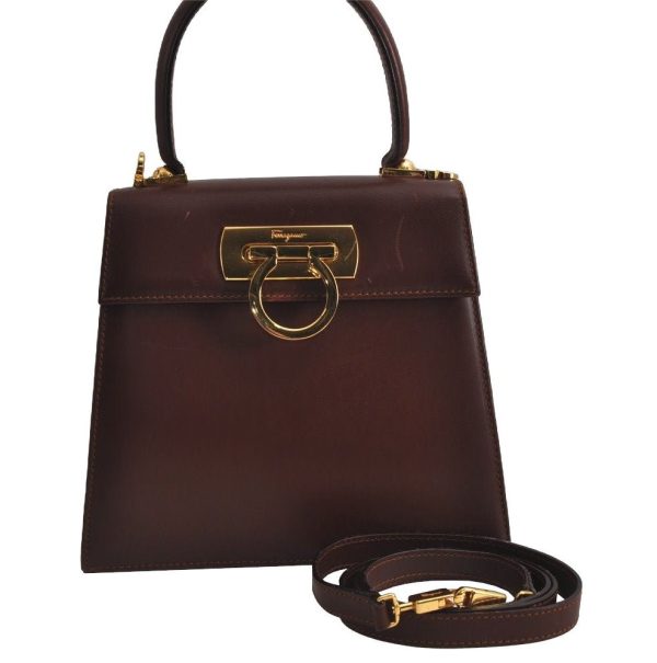 Authentic Salvatore Ferragamo Gancini Leather 2Way Shoulder Hand Bag Brown 7602J Discount