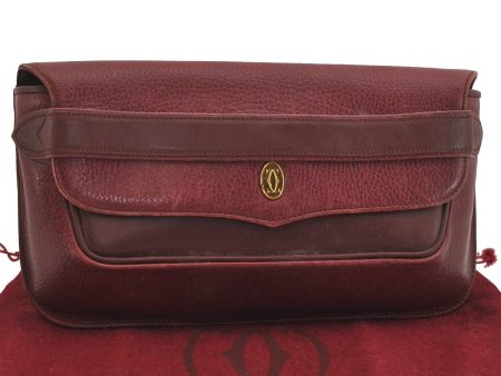 Authentic Cartier Must de Cartier Clutch Hand Bag Leather Bordeaux Red 6799J on Sale