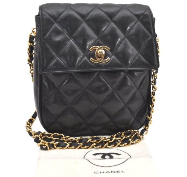 Authentic CHANEL Calf Skin Matelasse Chain Shoulder Cross Bag Black CC 1218J Online Hot Sale