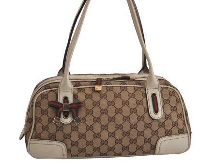 Auth GUCCI Web Sherry Line Princy Ribbon Tote Bag GG Canvas 161720 Brown 7130J Online Sale