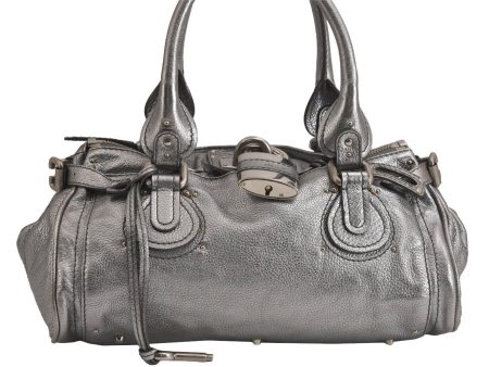 Authentic Chloe Vintage Paddington Leather Shoulder Hand Bag Silver 6743J For Sale