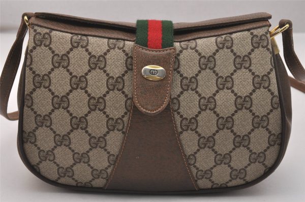 Authentic GUCCI Web Sherry Line Shoulder Cross Bag GG PVC Leather Brown 6729J For Cheap