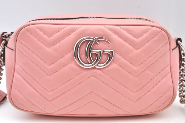 Authentic GUCCI GG Marmont Chain Shoulder Cross Bag Leather 447632 Pink K9083 Discount