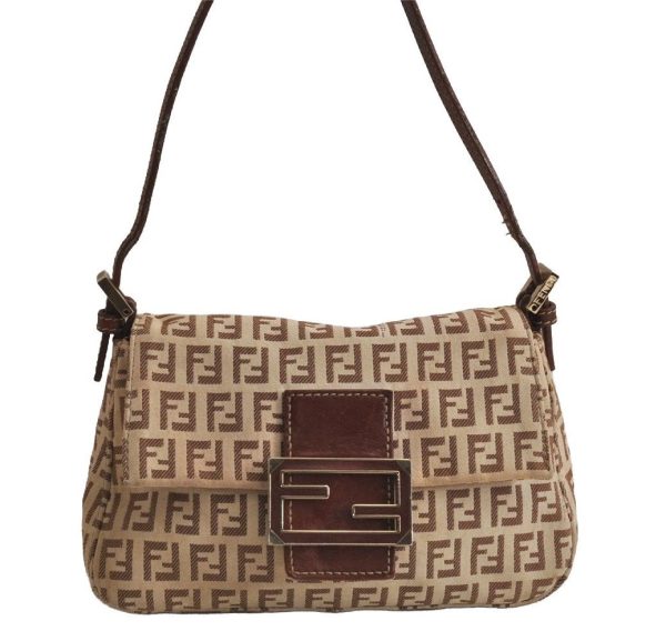 Auth FENDI Zucchino Mamma Baguette Shoulder Bag Canvas Leather Brown 6672J Hot on Sale