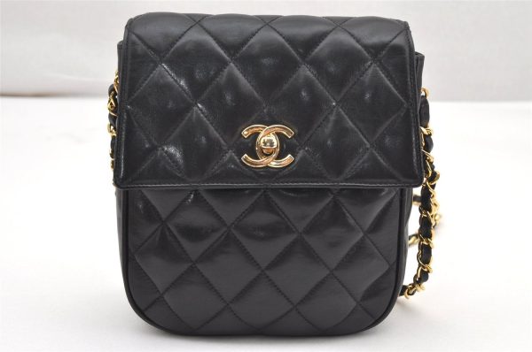 Authentic CHANEL Calf Skin Matelasse Chain Shoulder Cross Bag Black CC 1218J Online Hot Sale