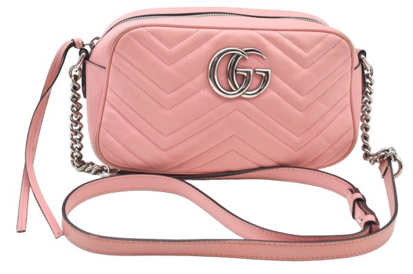 Authentic GUCCI GG Marmont Chain Shoulder Cross Bag Leather 447632 Pink K9083 Discount