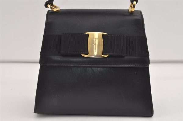 Authentic Salvatore Ferragamo Vara Ribbon Leather 2Way Hand Bag Black 7604J Discount