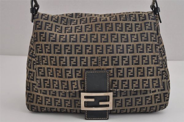 Auth FENDI Zucchino Mamma Baguette Hand Shoulder Bag Canvas Leather Navy 4959J Online now