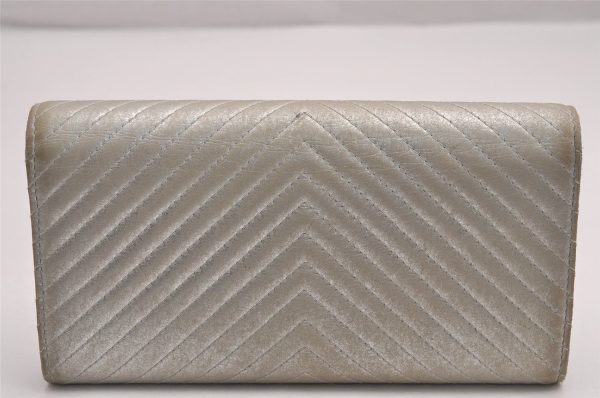 Authentic CHANEL Lamb Skin V Stitch CC Logo Long Wallet Purse Silver 4086J Discount