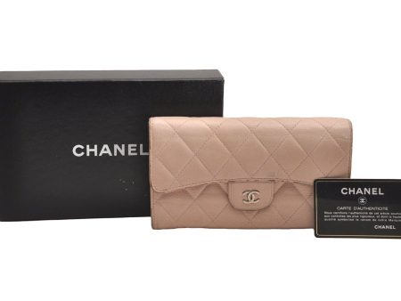 Authentic CHANEL Caviar Skin Matelasse Long Trifold Wallet CC Pink Box 4050J For Sale