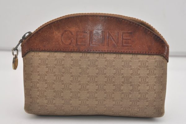 Authentic CELINE Macadam Blason Pattern Pouch Purse PVC Leather Beige 6546J Hot on Sale