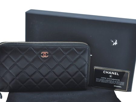 Authentic CHANEL Lamb Skin Matelasse Long Zip Wallet Purse Black Box K6228 Cheap