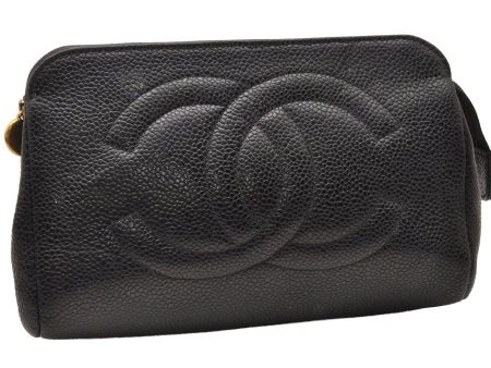 Authentic CHANEL Caviar Skin CC Logo Cosmetic Pouch Purse Black Junk 0552J Online Hot Sale