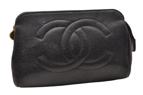 Authentic CHANEL Caviar Skin CC Logo Cosmetic Pouch Purse Black Junk 0552J Online Hot Sale