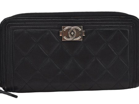 Authentic CHANEL BOY CHANEL Lamb Skin Matelasse Long Wallet Purse Black 2705J Hot on Sale