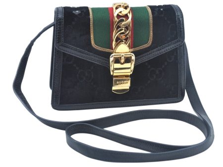 Auth GUCCI Web Sherry Line Sylvie Shoulder Bag GG Velour Enamel Black Junk 2067J For Cheap