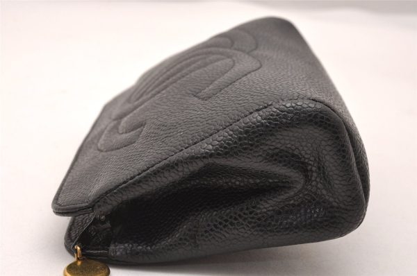 Authentic CHANEL Caviar Skin CC Logo Cosmetic Pouch Purse Black Junk 0552J Online Hot Sale