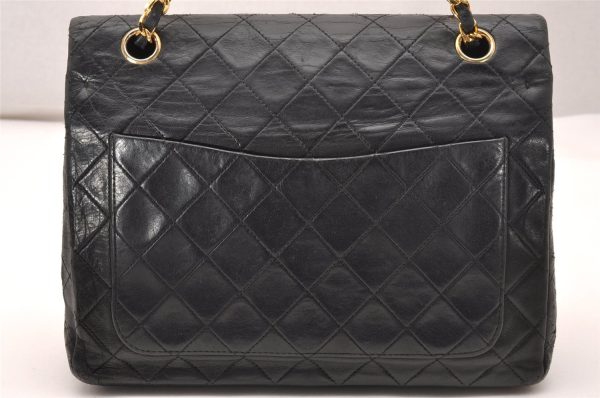 Auth CHANEL Lamb Skin Matelasse 25 Double Chain Flap Shoulder Bag Black CC 0834J Cheap