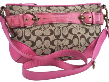 Auth COACH Signature Shoulder Cross Bag Canvas Leather F07077 Brown Pink K8250 Supply