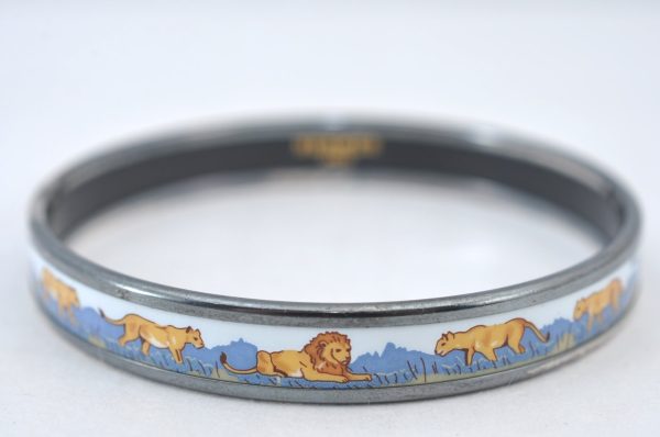 Authentic HERMES Email PM Bangle Lion Motif Silver Blue 5610G For Cheap