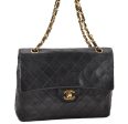 Auth CHANEL Lamb Skin Matelasse 25 Double Chain Flap Shoulder Bag Black CC 0834J Cheap