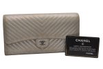 Authentic CHANEL Lamb Skin V Stitch CC Logo Long Wallet Purse Silver 4086J Discount